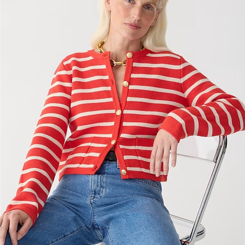 J. Crew Red and Cream Striped Button-Up Cardigan